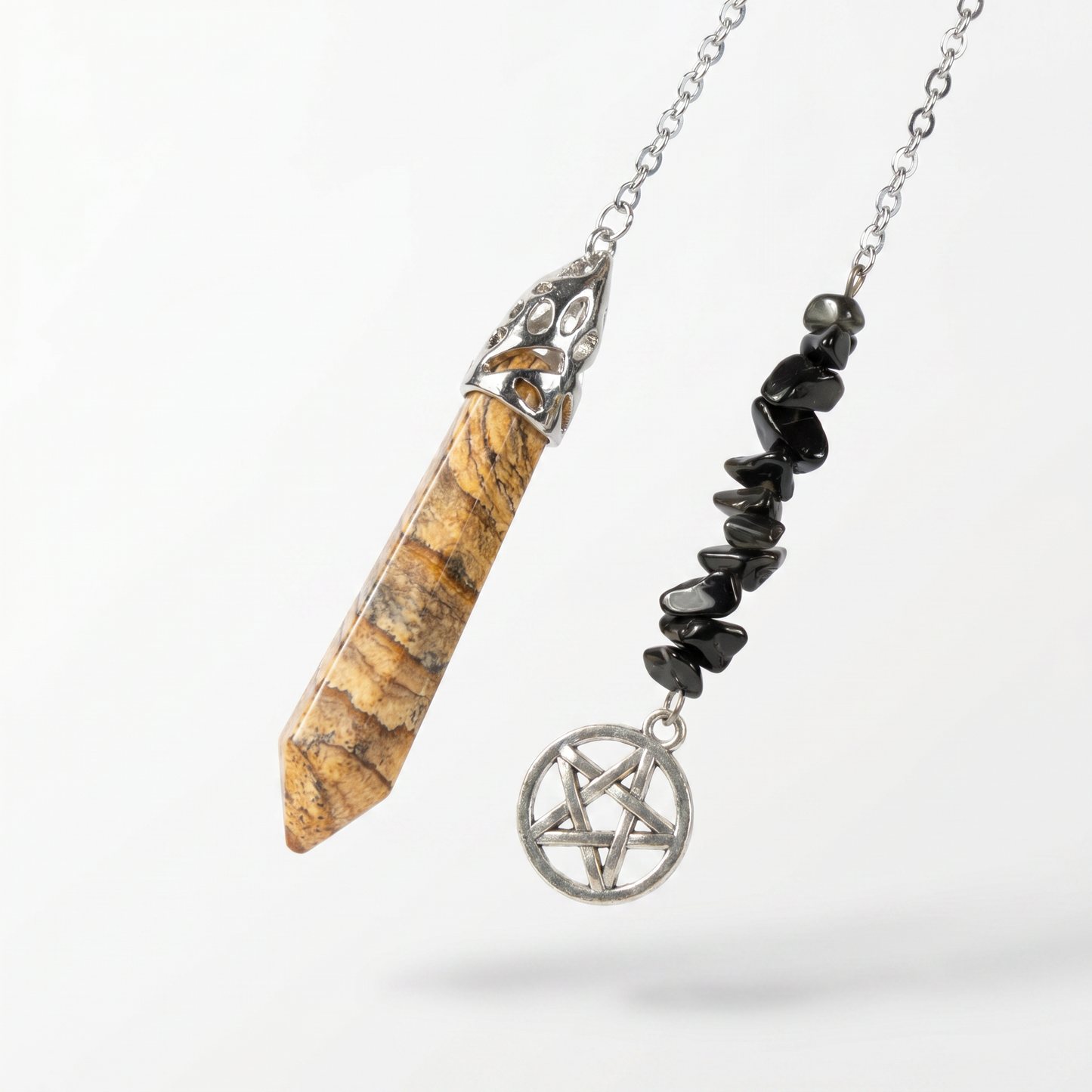 Pendule pentacle en jaspe et obsidienne brute