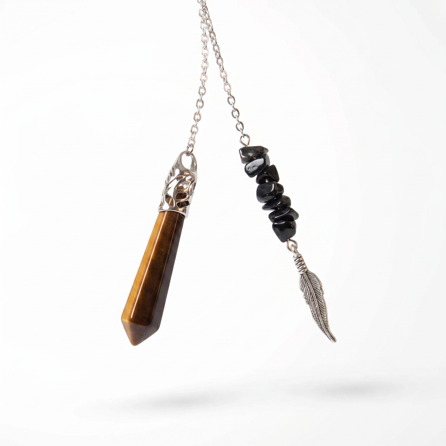 Tiger eye, obsidian and feather pendulum