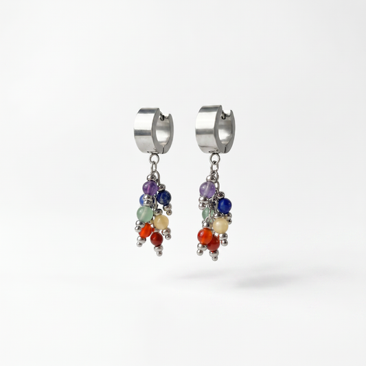 Boucles d'oreilles pendantes ornées de sept pierres précieuses des chakras, perles de cristal et acier inoxydable