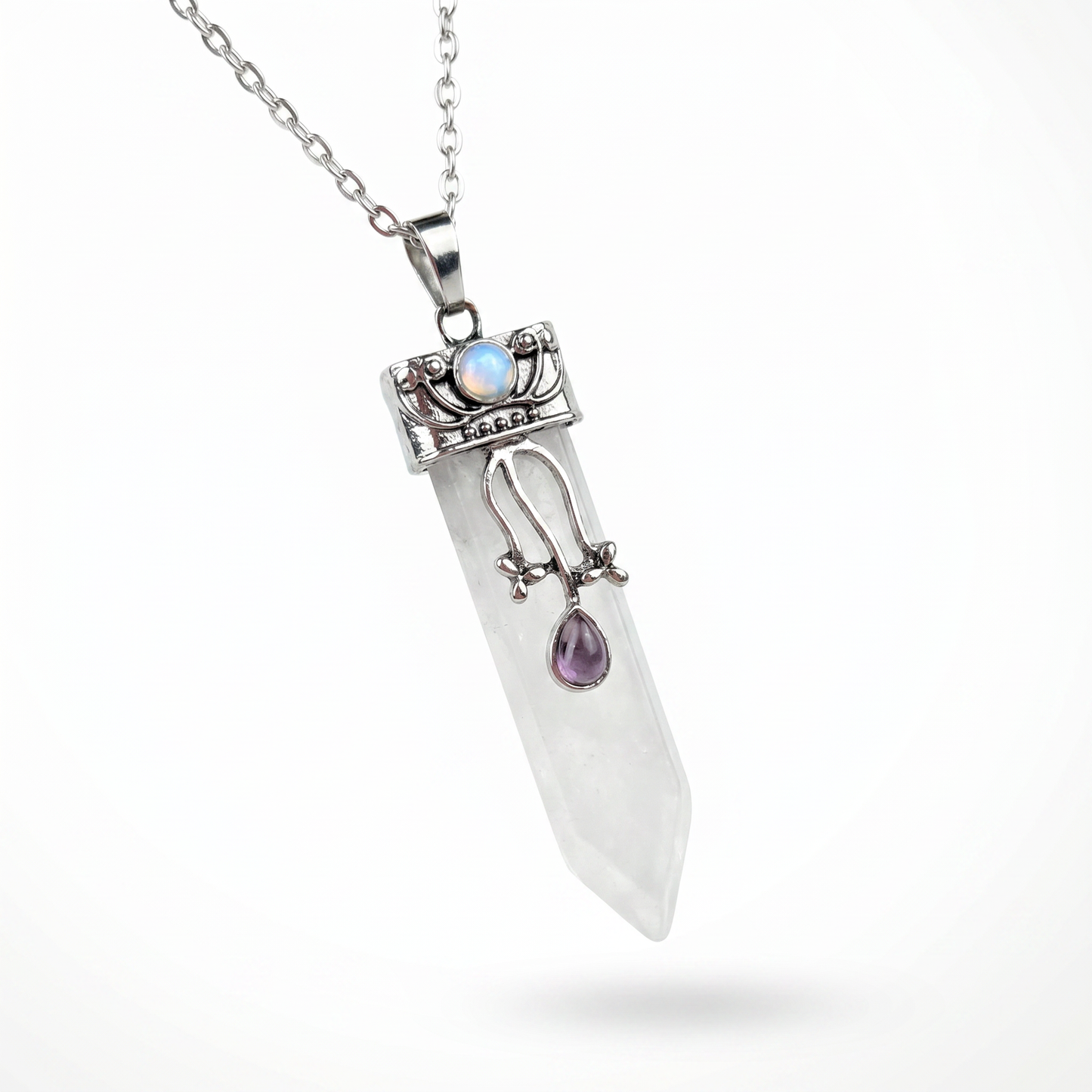 Collier boho sorcier en quartz Art nouveau et pierres précieuses opalite