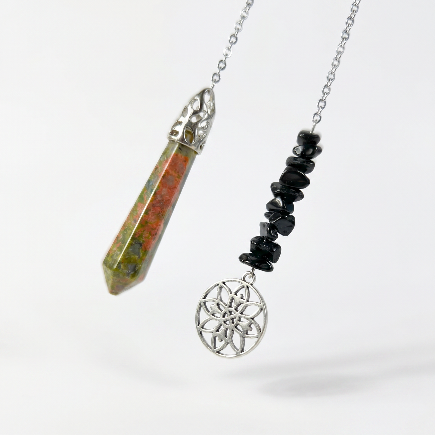 Pendule fleur géométrique perles unakite et obsidienne