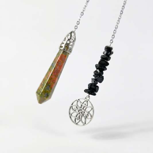 Pendule fleur géométrique perles unakite et obsidienne