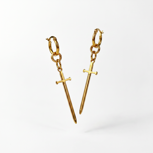 Gold hoop sword earrings, fantasy jewelry