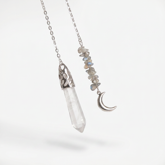 Pendule de radiesthésie en quartz clair et labradorite croissant de lune