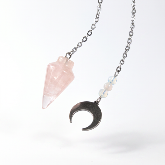 Pendule de radiesthésie en quartz rose et opalite, format de poche, breloque en corne