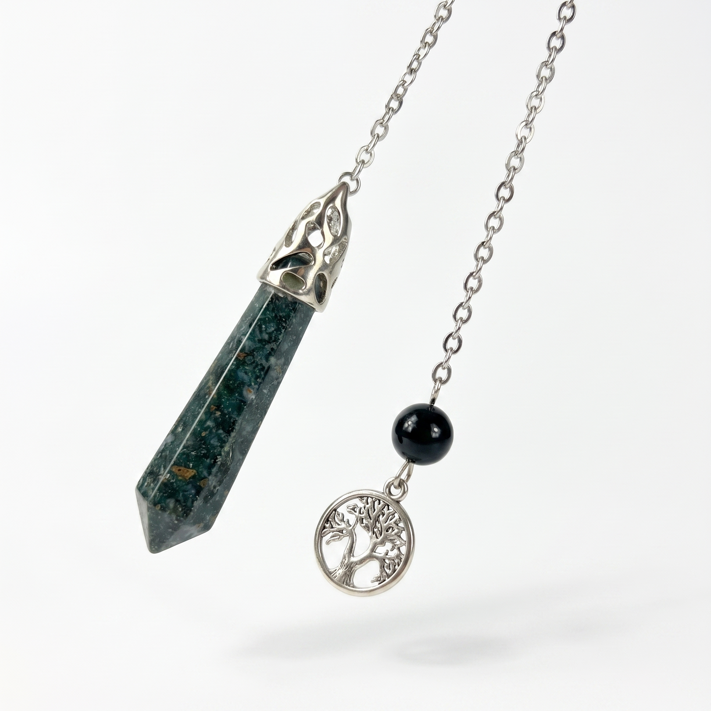 Pendule de radiesthésie agate mousse, obsidienne et arbre de vie