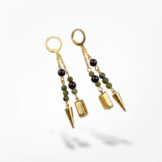 Boucles d'oreilles talisman de richesse en grenat et jade vert, lingot d'or et pointe, pour manifester l'abondance