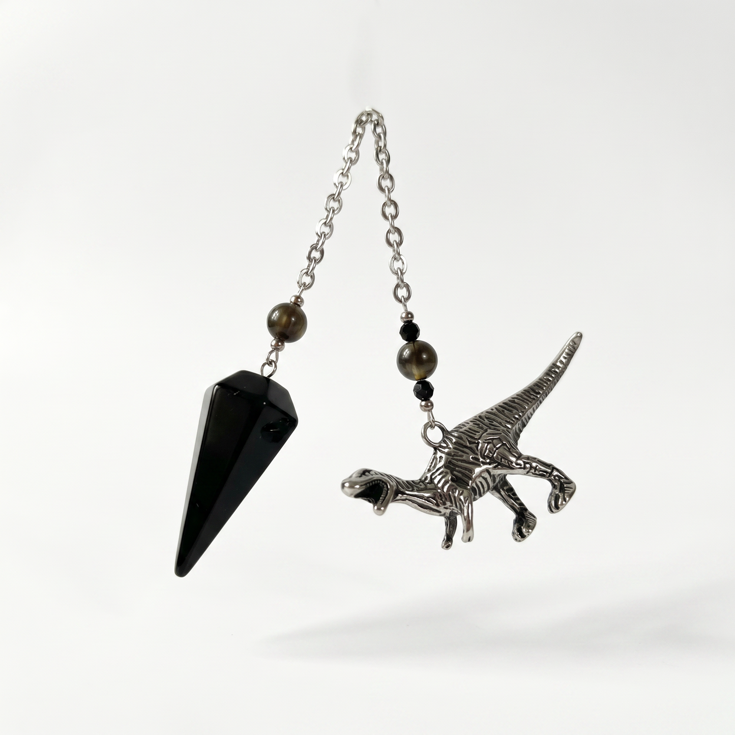 Velociraptor dinosaur dowsing pendulum, obsidian, smoky obsidian, onyx Baguette Magick