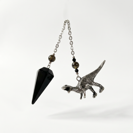 Velociraptor dinosaur dowsing pendulum, obsidian, smoky obsidian, onyx Baguette Magick