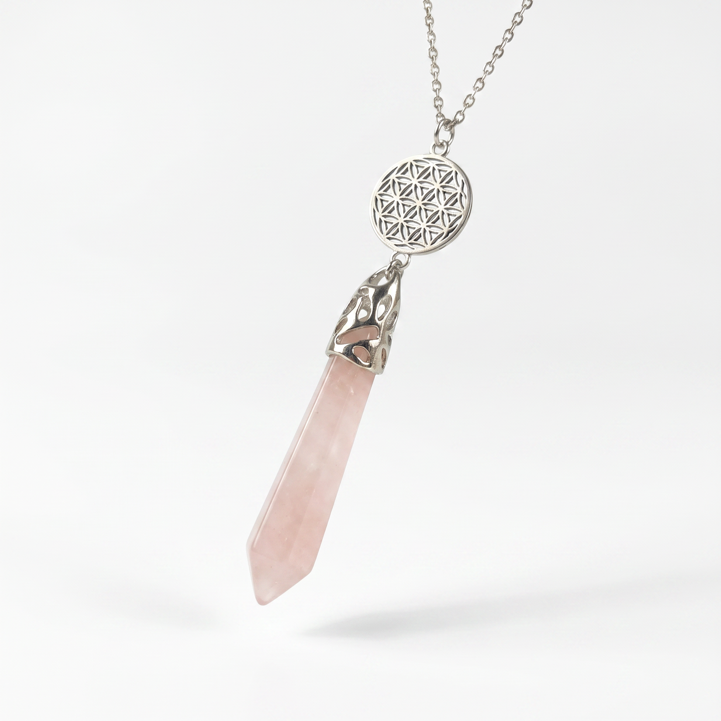 Collier pendule fleur de vie quartz rose