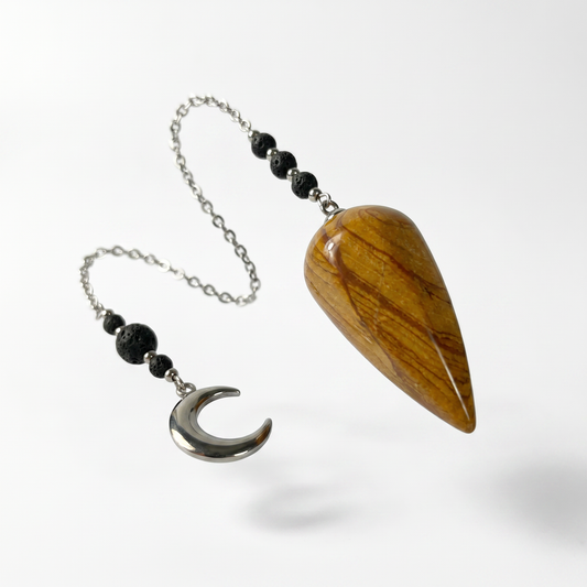 Picture jasper, lava rock and Moon crescent pendulum