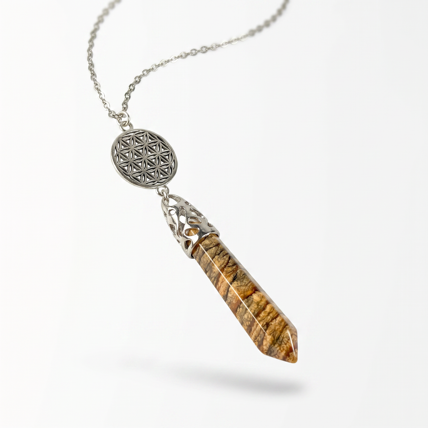 Collier pendule de divination photo jaspe et fleur de vie