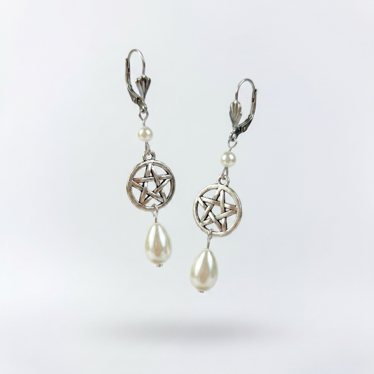 Boucles d’oreilles victoriennes édouardiennes en forme de pentacle et de perles en forme de larme