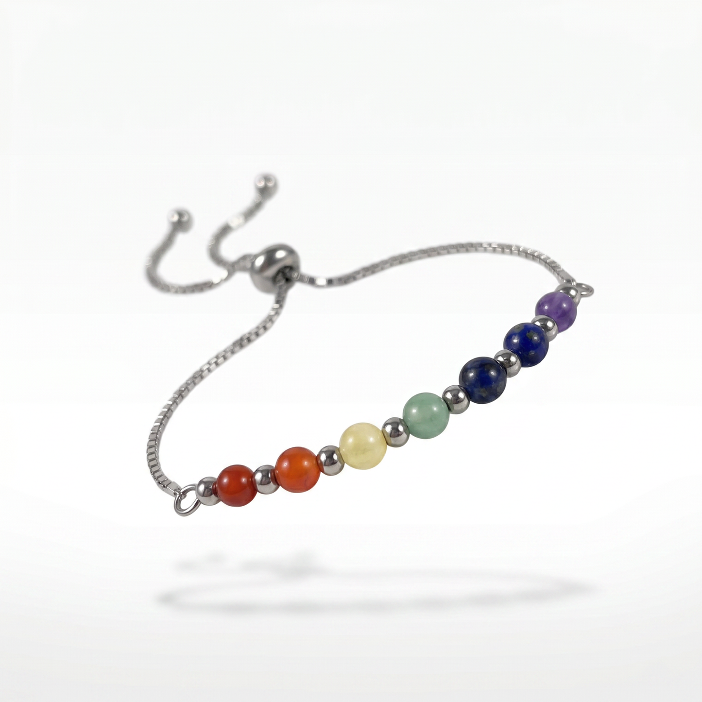 Bracelet coulissant à sept chakras, pierres précieuses naturelles, acier inoxydable