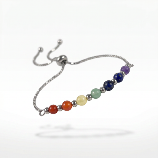 Bracelet coulissant à sept chakras, pierres précieuses naturelles, acier inoxydable