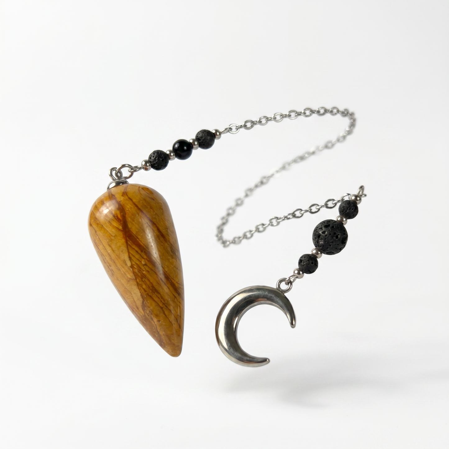 Picture jasper, lava rock and Moon crescent pendulum