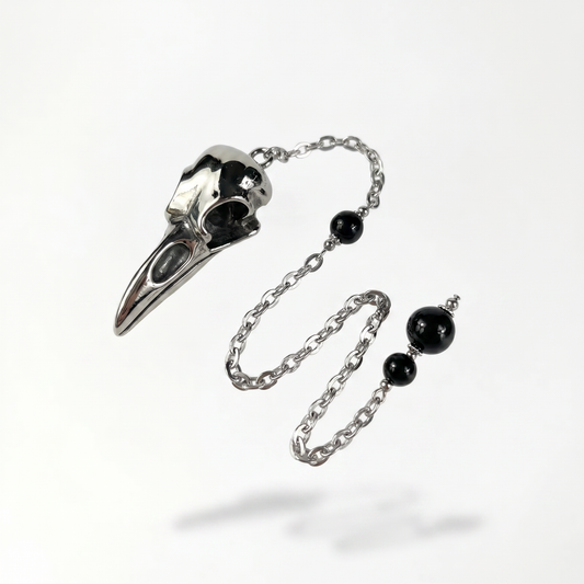 Raven skull and obsidian dowsing pendulum, stainless steel