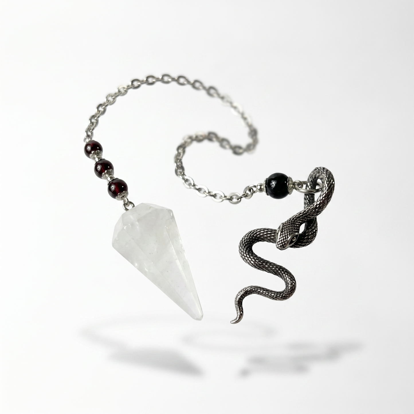 Quartz, garnet and obsidian snake dowsing pendulum