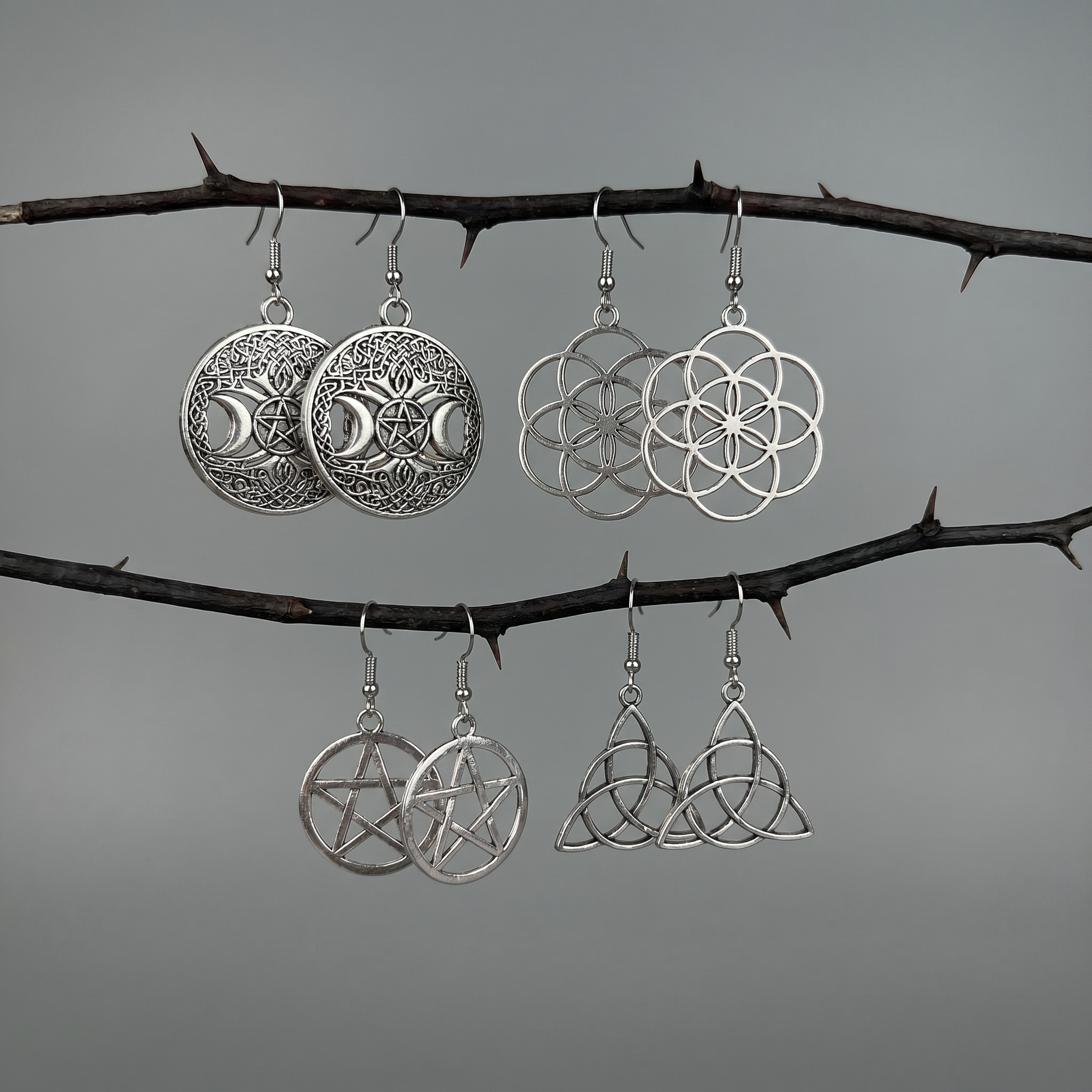 Spiritual earrings bundle: Triquetra, Pentacle, Triple Moon and Flower of life Baguette Magick