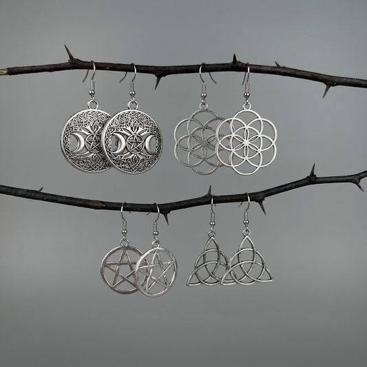 Spiritual earrings bundle: Triquetra, Pentacle, Triple Moon and Flower of life Baguette Magick