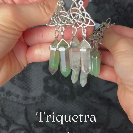 triquetra and gemstone earrings for witch gift labradorite quartz aventurine fluorite crystal gemstone gothic spiritual jewelry