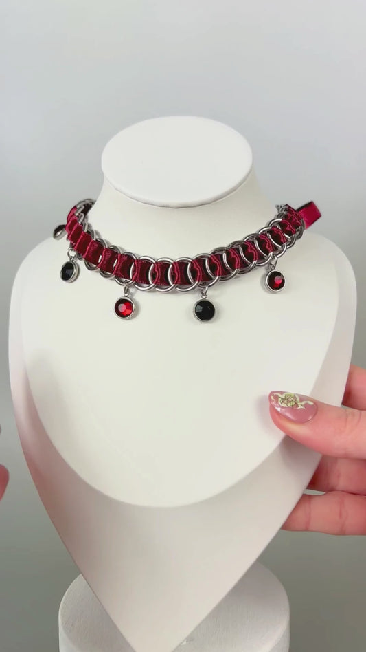 Gothic burgundy ribbon choker, chainmail & black and red rhinestones