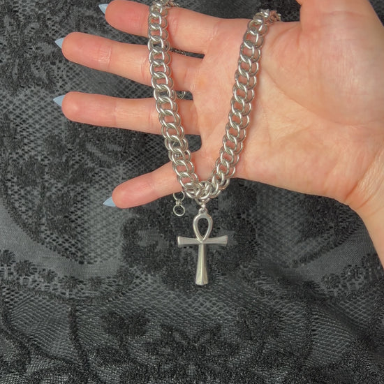 half persian chainmail choker Ankh pendant necklace key of the Nil Egyptian cross occult spiritual necklace hypoallergenic stainless steel gothic jewelry 