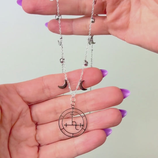 Lilith sigil necklace, dainty chain, moon crescent charms, rhinestones, silver tone stainless steel, alternative occult devotional jewelry for witchcraft