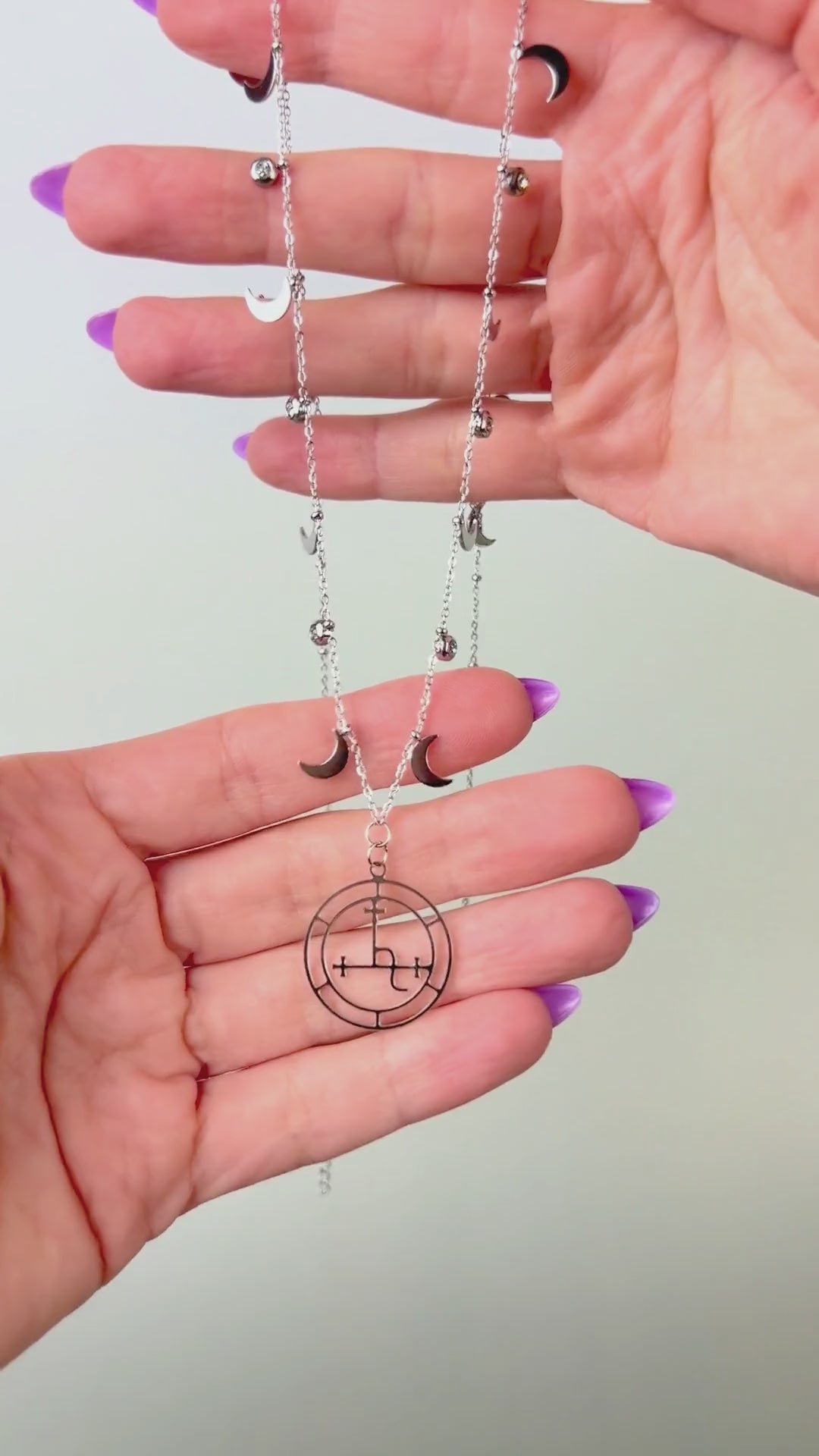 Lilith sigil necklace, dainty chain, moon crescent charms, rhinestones, silver tone stainless steel, alternative occult devotional jewelry for witchcraft