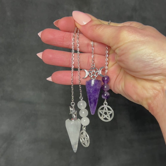 gemstone divination dowsing pendulum triple moon pentacle wiccan pagan witch wizard tool amethyst clear quartz