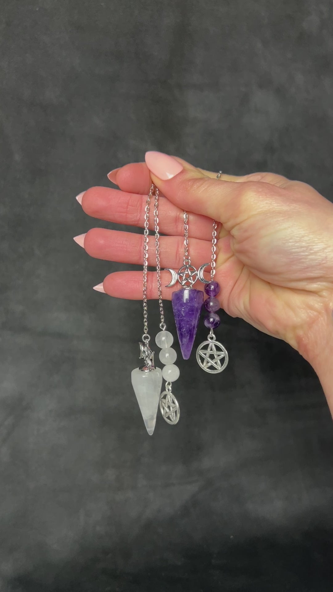 gemstone divination dowsing pendulum triple moon pentacle wiccan pagan witch wizard tool amethyst clear quartz
