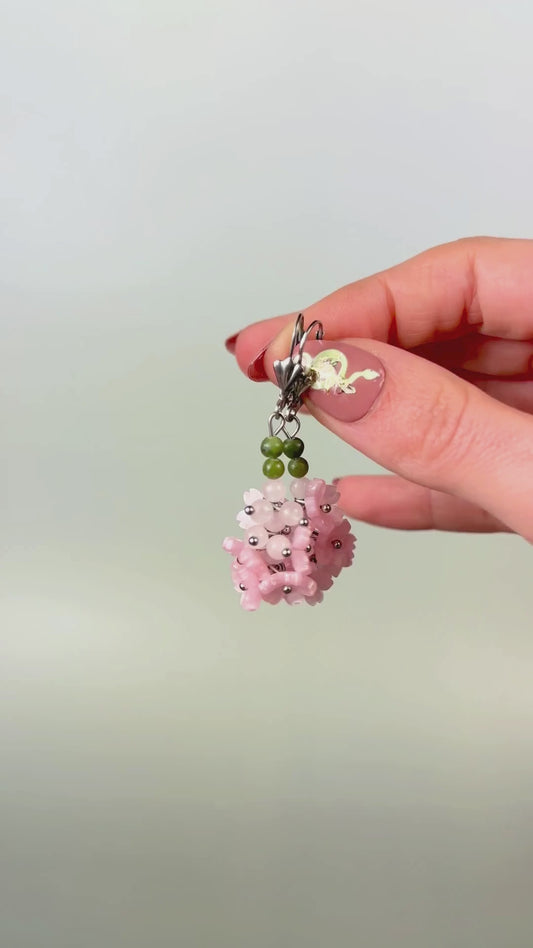 Sakura bloom dangle earrings: rose quartz, green jade, leverback