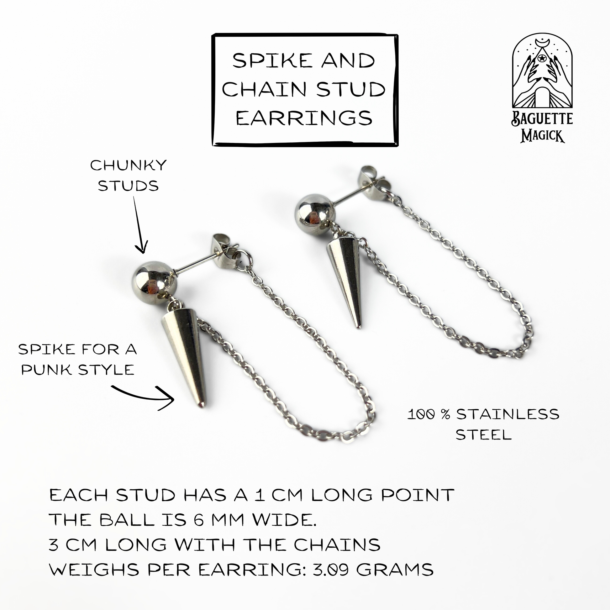Punk rock stud spike and chains earrings Baguette Magick
