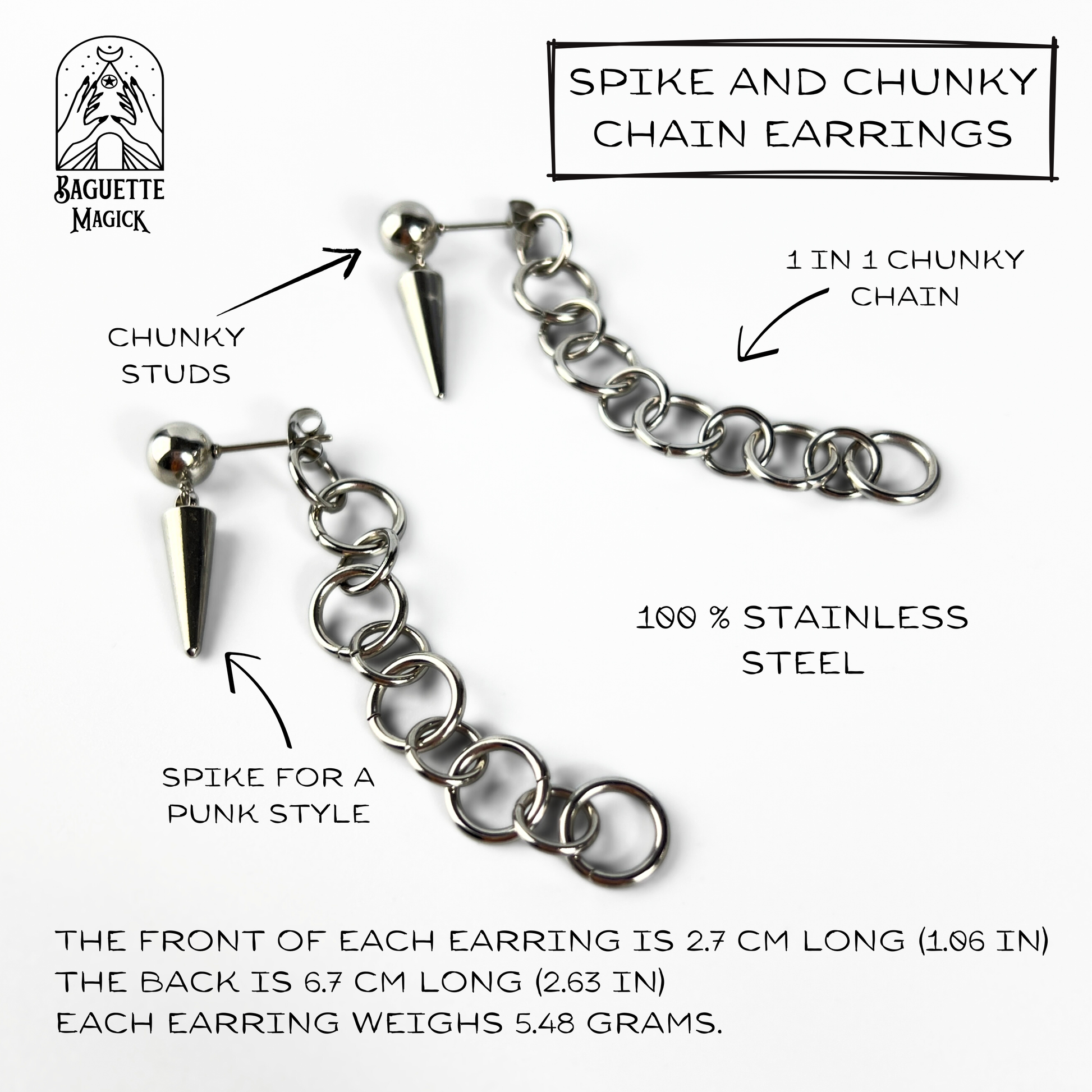 Spikes and back chunky chain stud earrings Baguette Magick