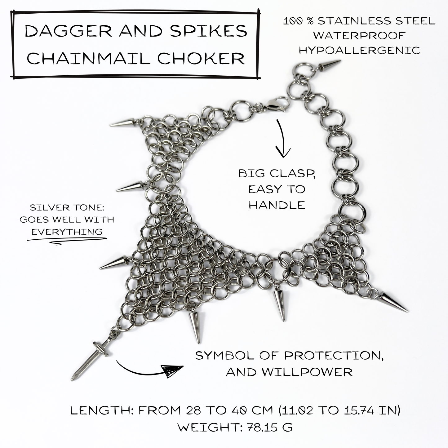 bold chainmail statement choker, with triangle parts, spikes, and dagger, silver tone stainless steel, corporate goth alt medieval fantasy style, necklace for women