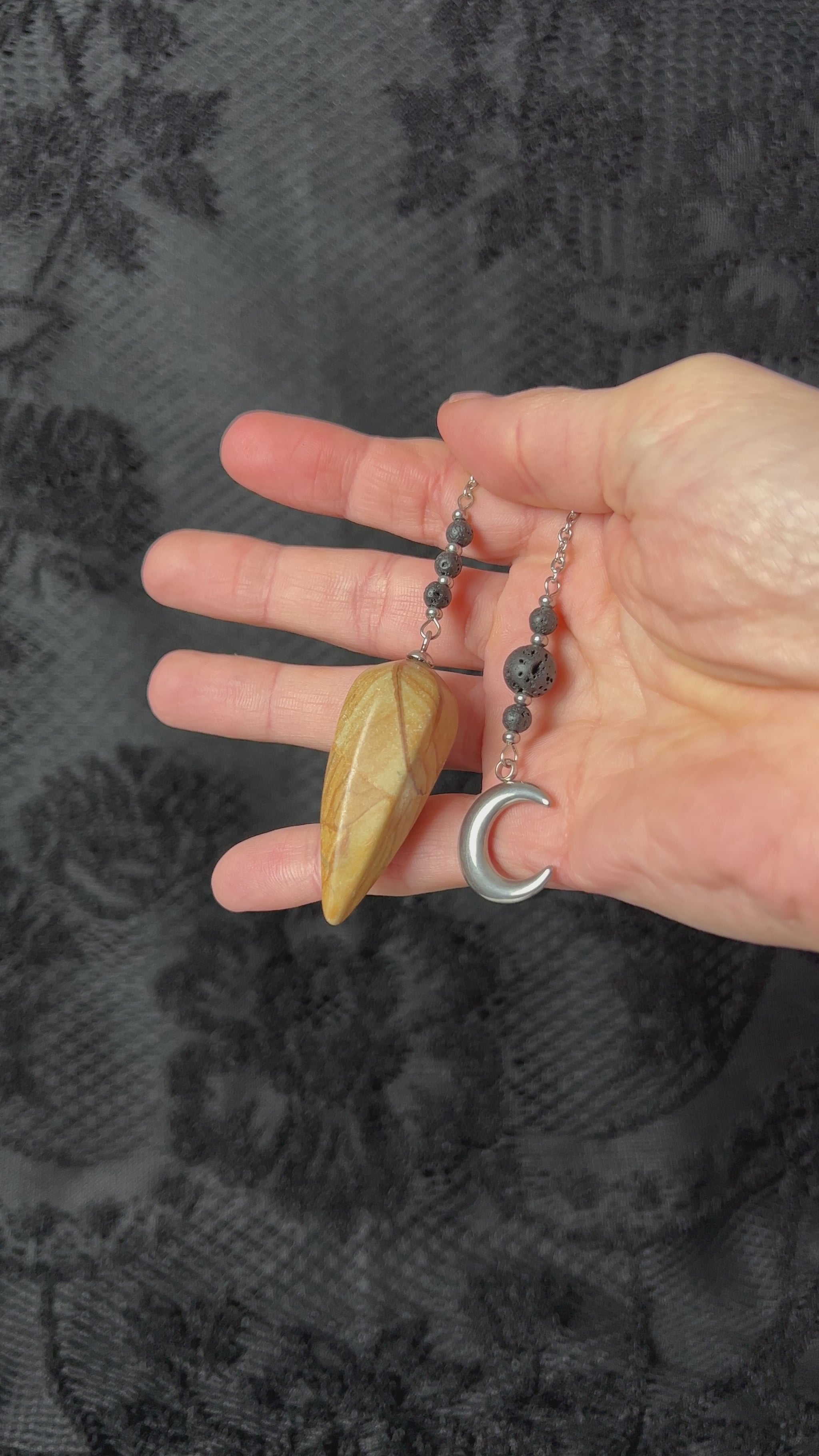 Divination pendulum picture jasper lava rock stainless steel with a crescent moon gemstone pendulum for dowsing fortune telling witchcraft