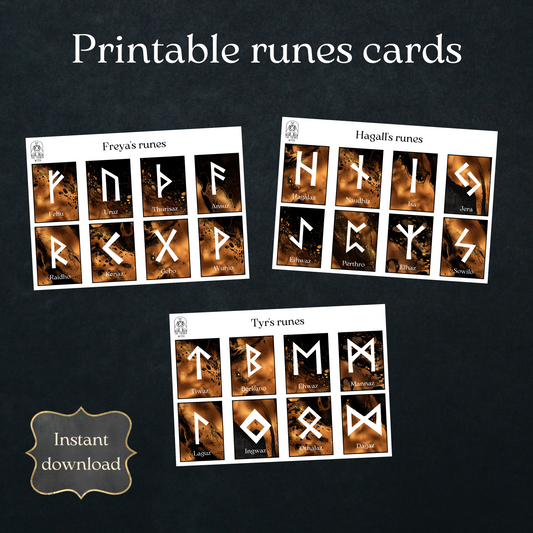 Printable runes cards, black and copper Baguette Magick