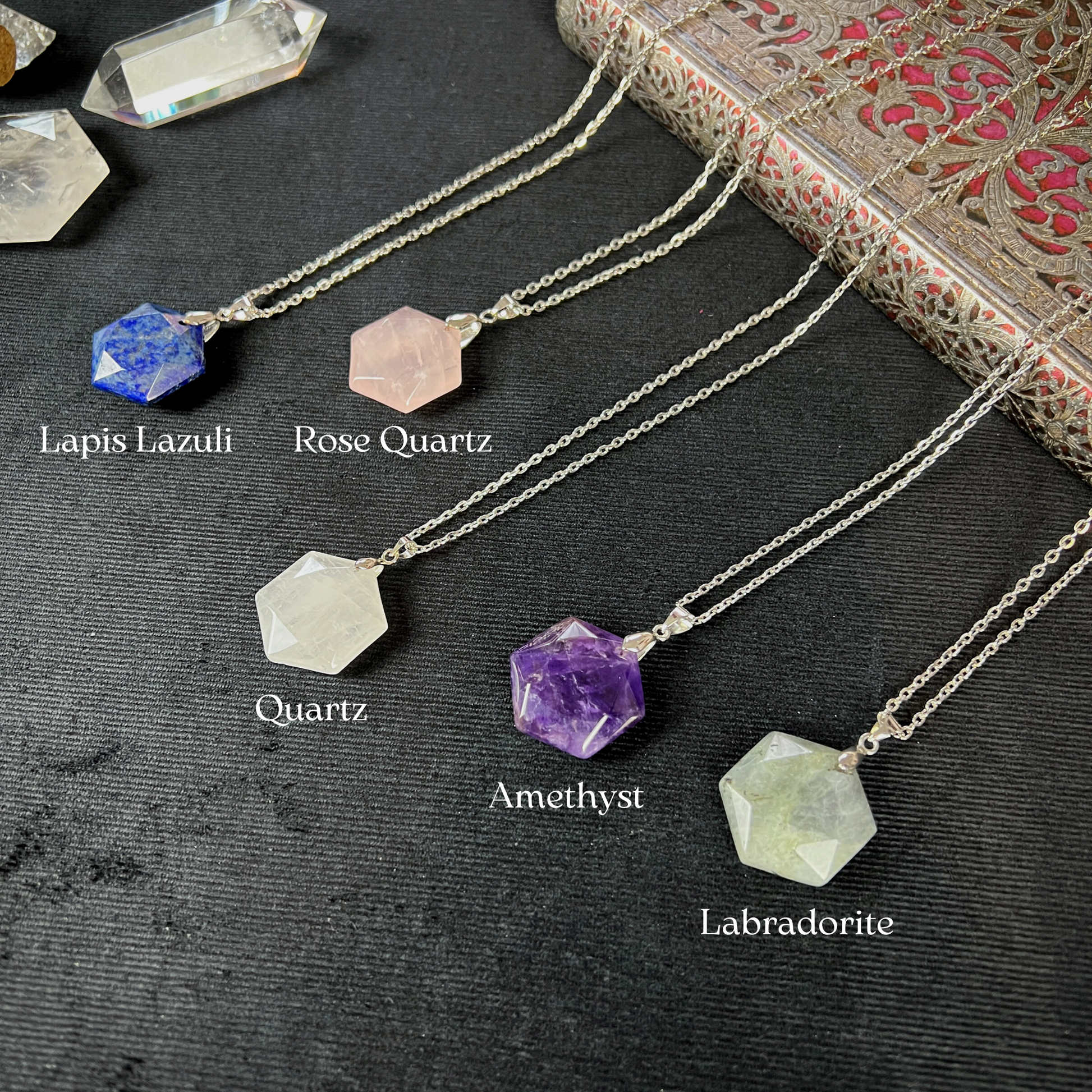 Gemstone hexagon necklace in Lapis Lazuli, Rose Quartz, Quartz, Amethyst or Labradorite Baguette Magick