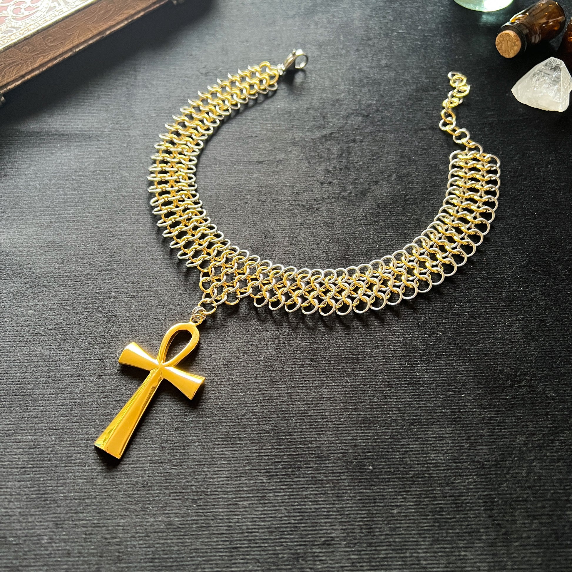 Ankh chainmail choker European 4 in 1 stainless steel and 18k gold plated necklace Baguette Magick