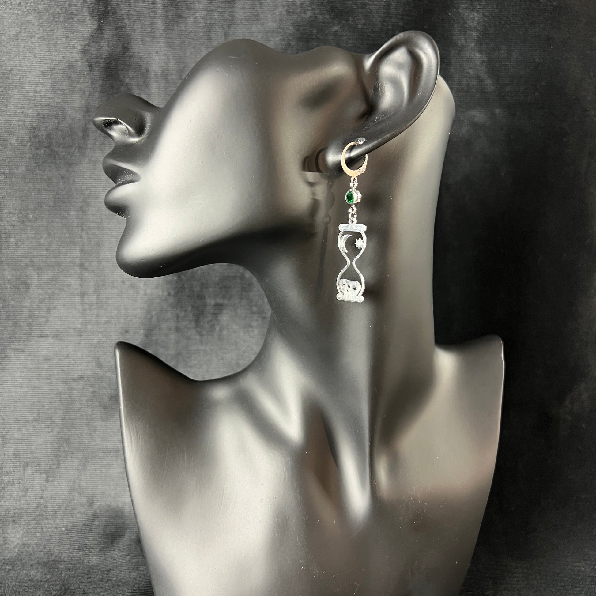 Hourglass and emerald green rhinestones earrings occult witch stainless steel earrings