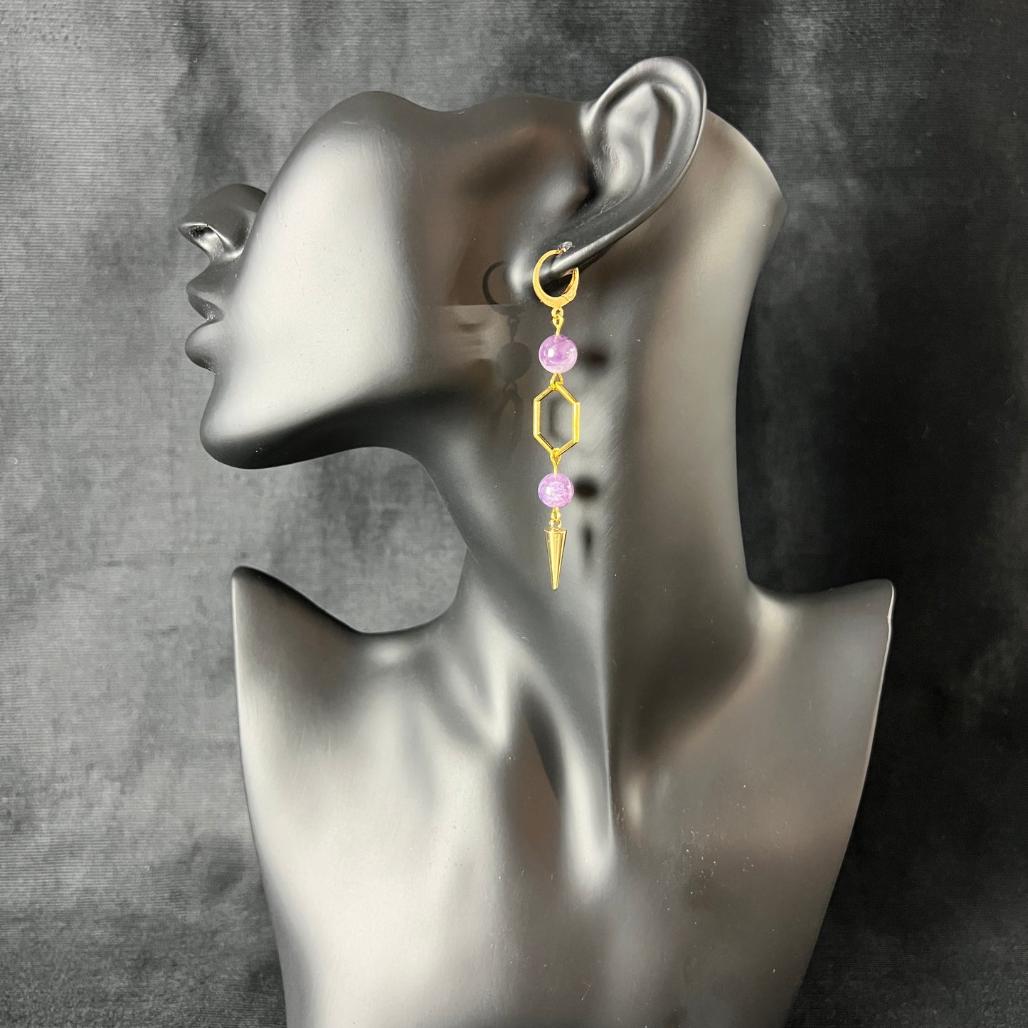 Golden geometric amethyst gemstone earrings original crystal jewelry for her