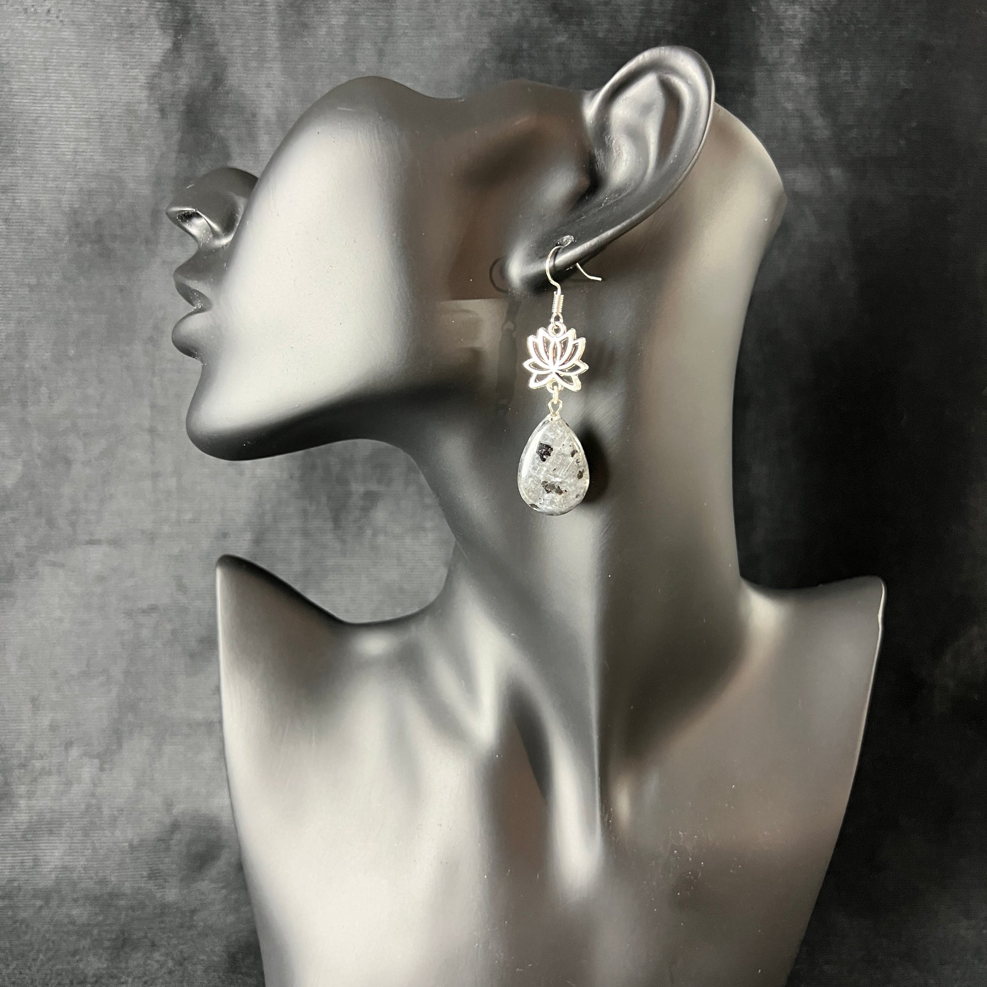 Larvikite and lotus spiritual teardrop earrings Baguette Magick