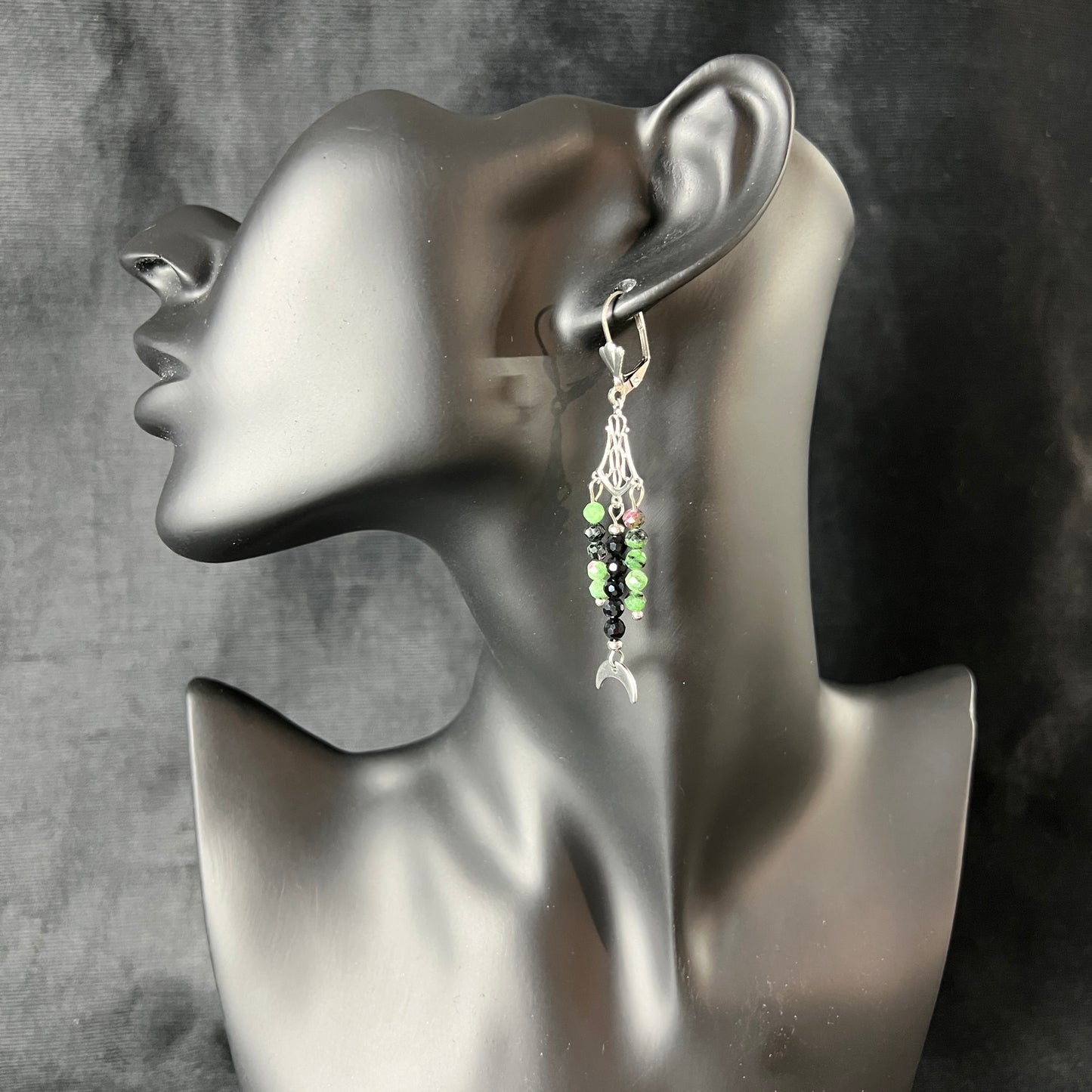 Gemstone earrings Ruby Zoisite Onyx or Garnet Onyx and stainless steel art deco earrings 
