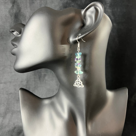 Triquetra earrings celtic knot fluorite earrings pagan jewelry celtic earrings pagan earrings witch jewelry crystal earrings