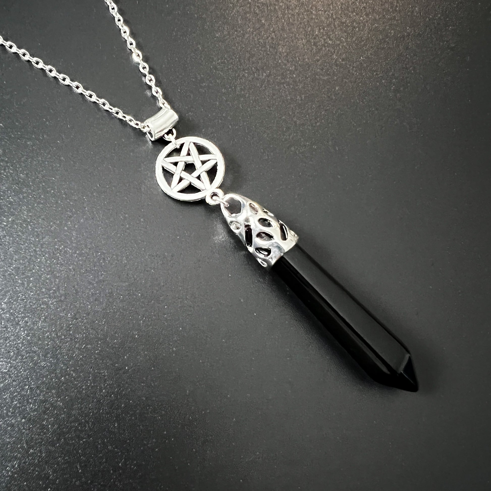 Onyx and reversed pentacle divination pendulum necklace Baguette Magick