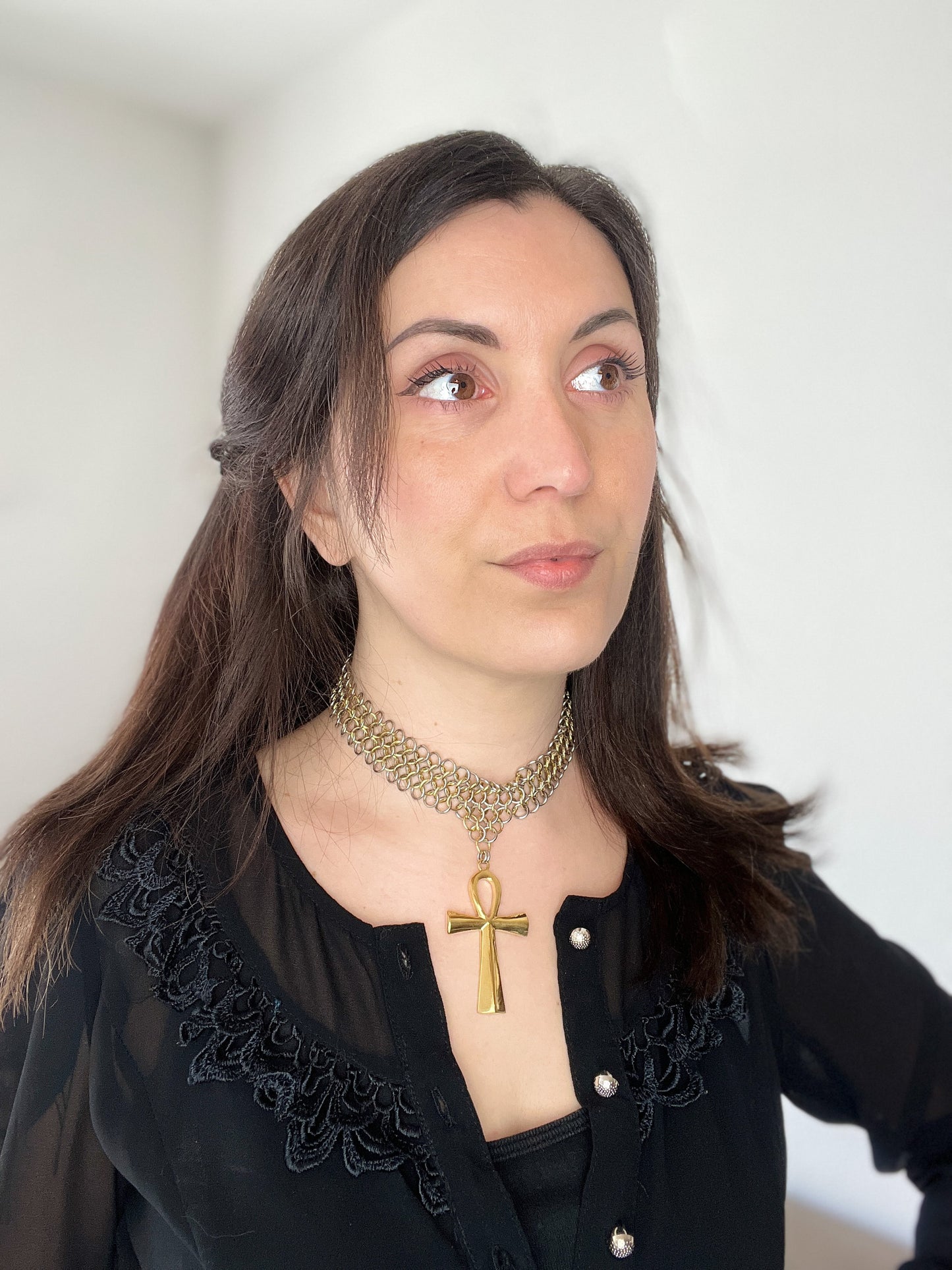 Ankh chainmail choker made of stainless steel and 18k gold plated European 4 in 1 necklace with a big Egyptian cross gothic jewelry