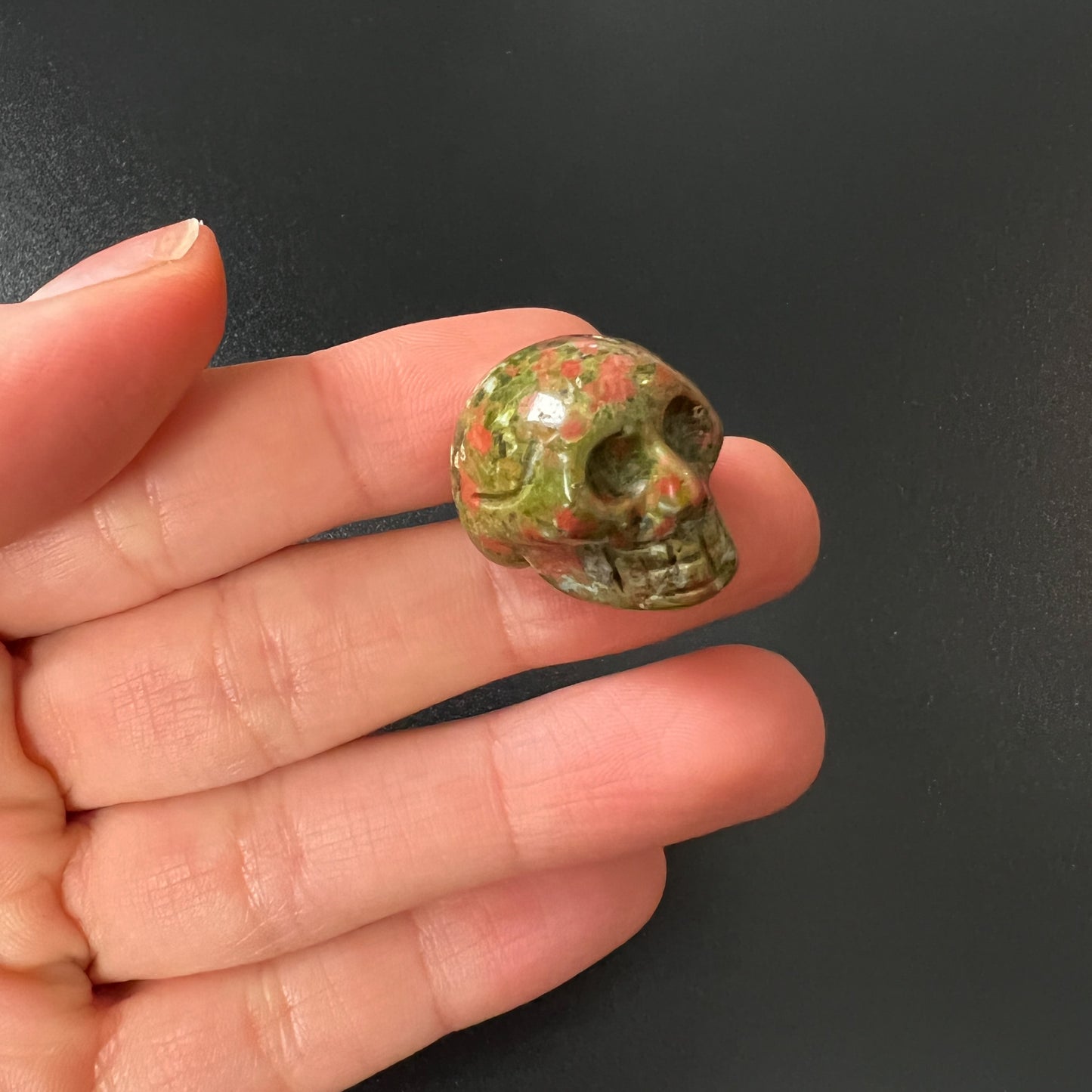 Tiny Red Jasper or Unakite gemstone skull amulet for altar, meditation, witchcraft Baguette Magick