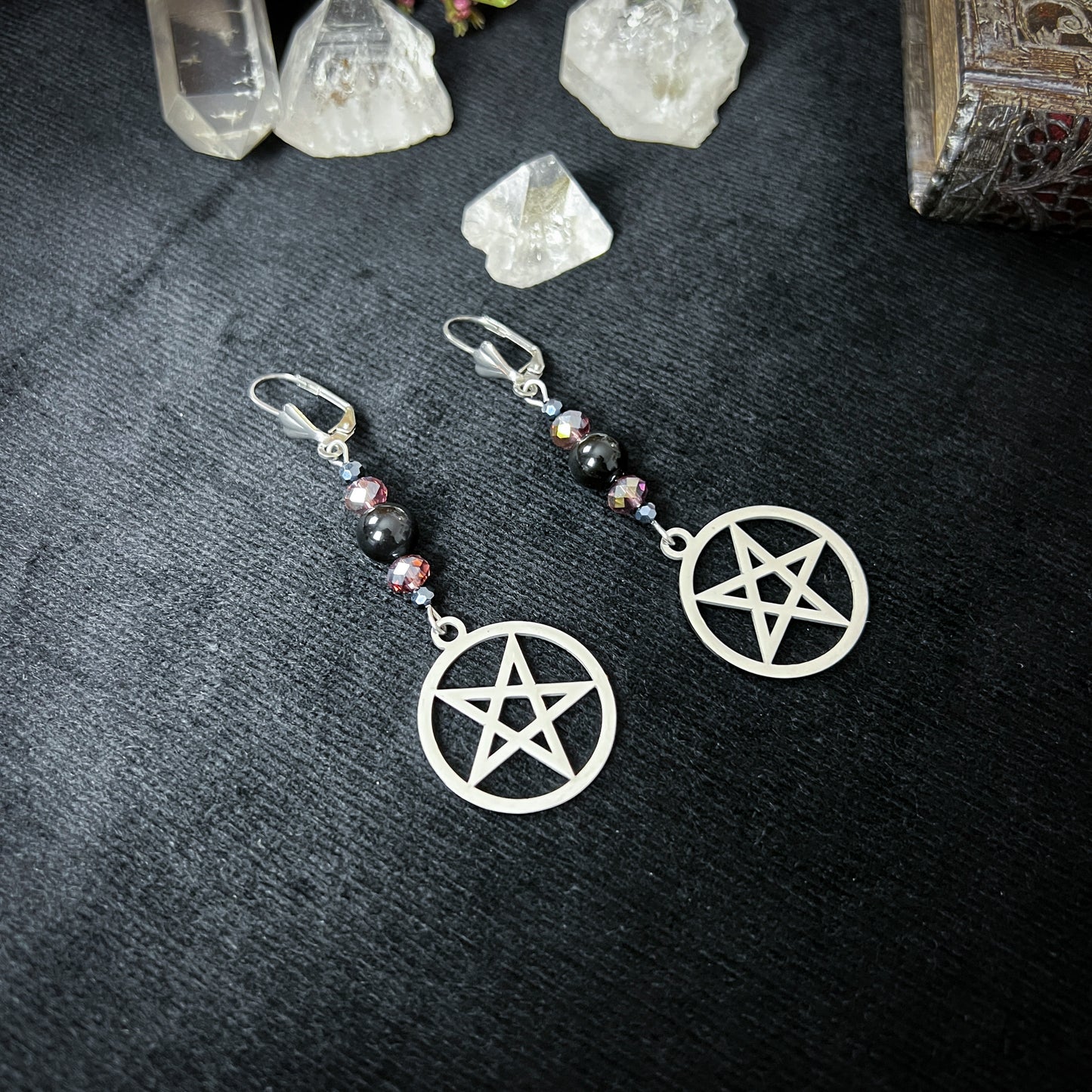 Inverted pentacle earrings made with stainless steel, obsidian and austrian crystal Baguette Magick