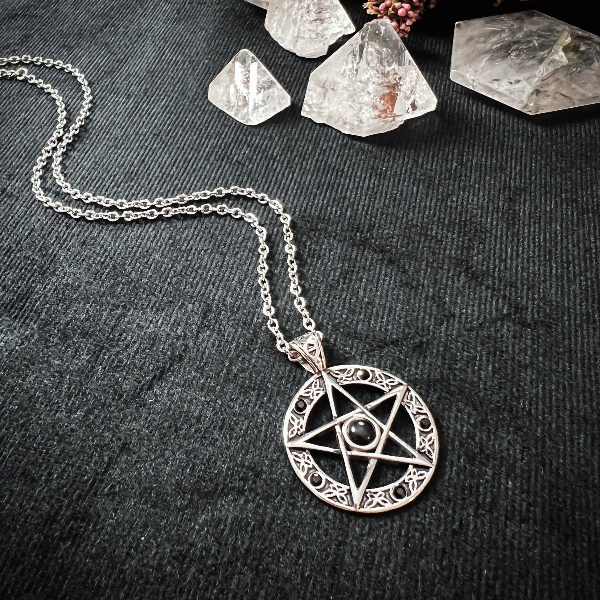 Stainless steel pentacle with black beads witchcraft necklace The French Witch shop