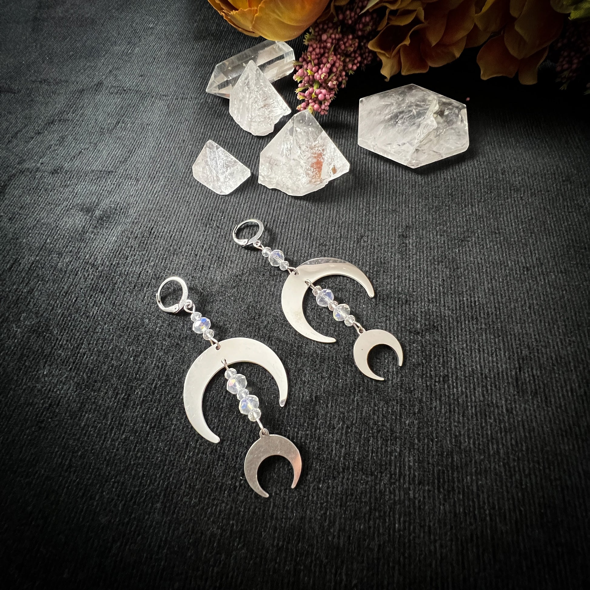 Moon crescents and crystals earrings made of stainless steel - The French Witch shop